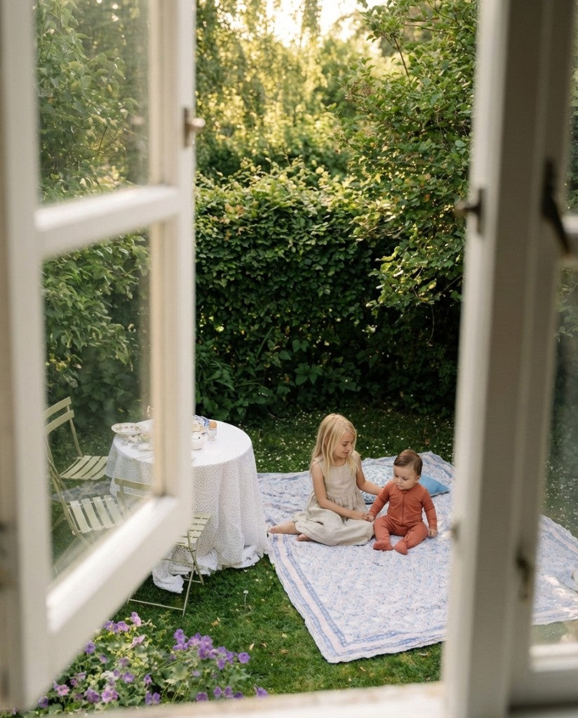 Kids in garden wearing bamboo footie