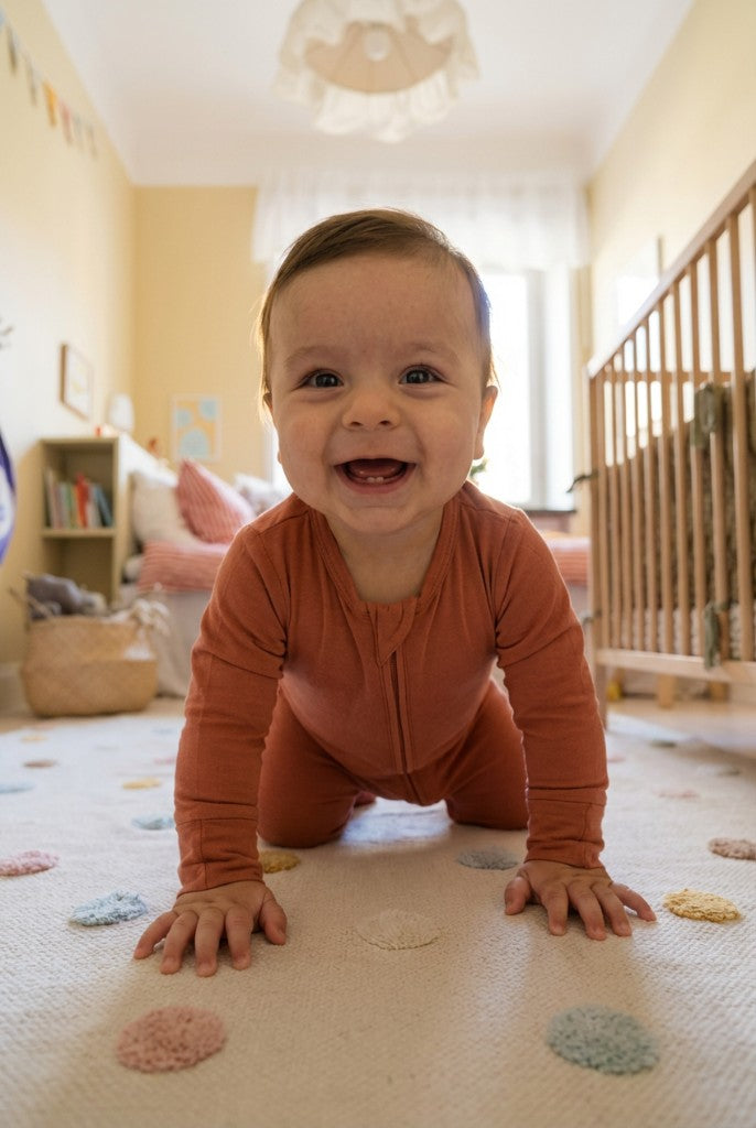 Happy baby crawling in red bamboo footie